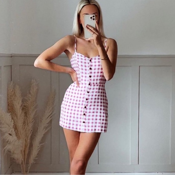 New Zara Hot Pink Gingham Checkered Dress Playsuit Romper White Plaid Small - Picture 3 of 11